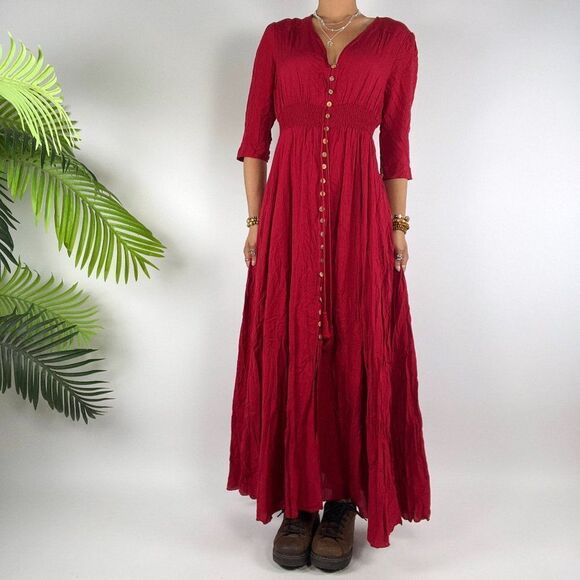 Women's Red Cottagecore Short Sleeve Boho Country Prairie Maxi Dress / XS - Picture 3 of 5